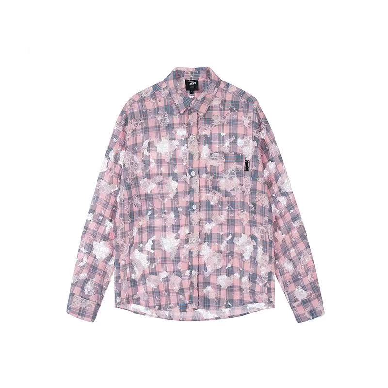 ACHOCK  Lace Lapel Plaid Long-sleeve Shirt