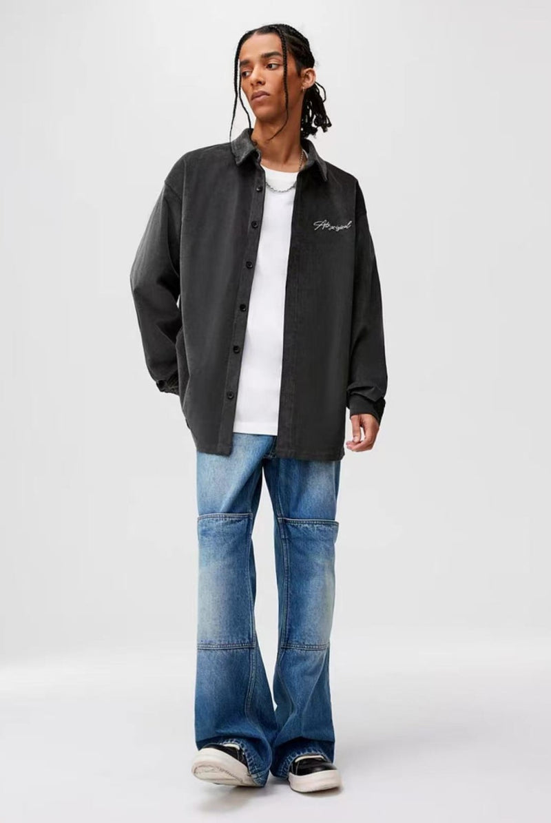 ATRY Corduroy Floral Embroidered LOGO Long-sleeved Shirt