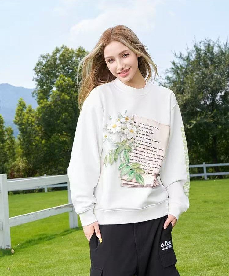 AFGK Flowers and Love Letters Thin Velvet Crew Neck Sweatshirt