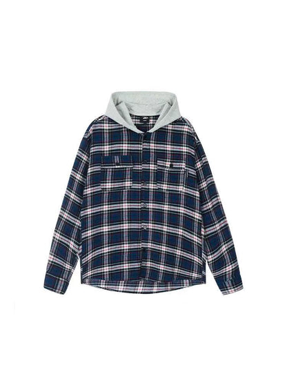 ACHOCK Contrast Blue Plaid Hooded Long-sleeve Shirt