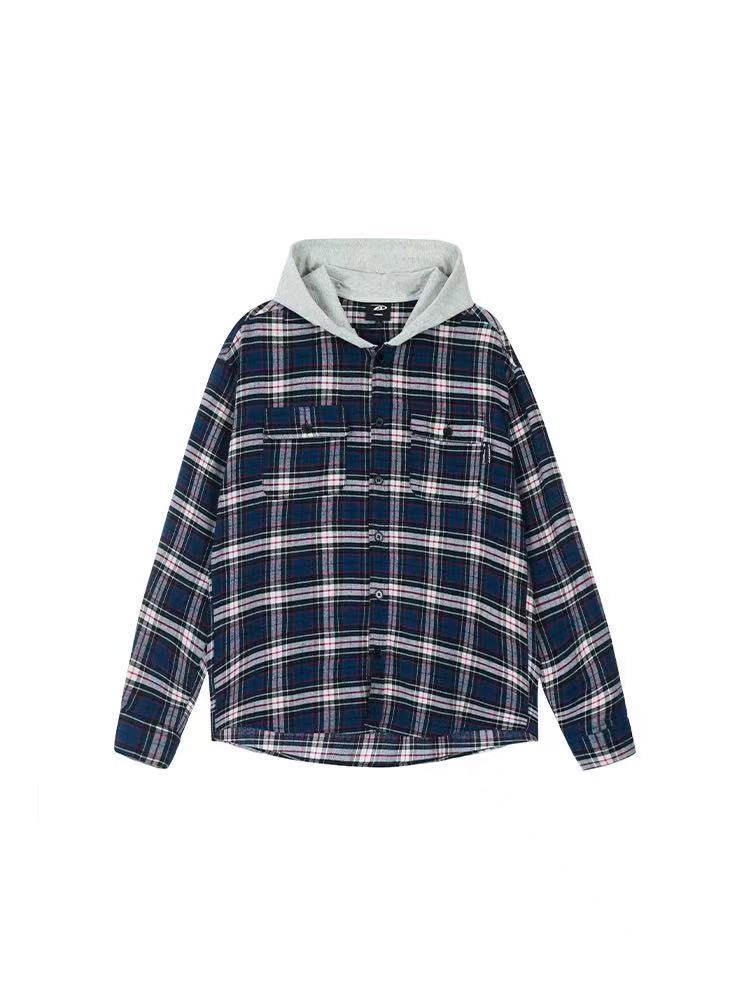ACHOCK Contrast Blue Plaid Hooded Long-sleeve Shirt
