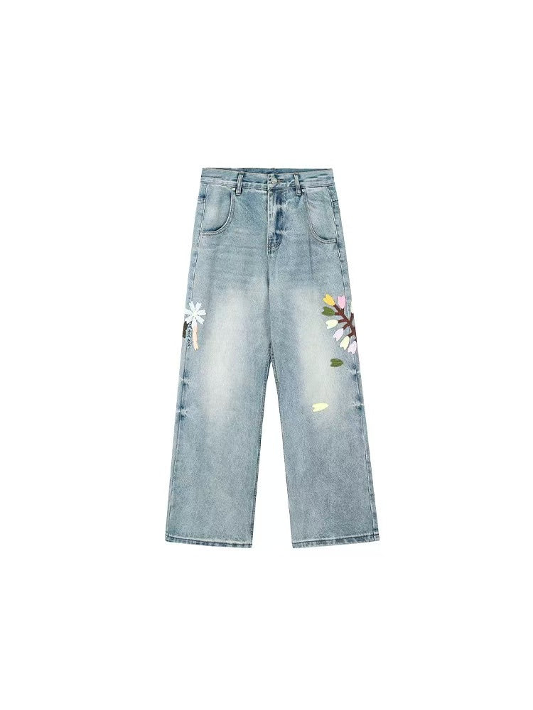 ACHOCK Floral Embroidered Heavy Duty Jeans