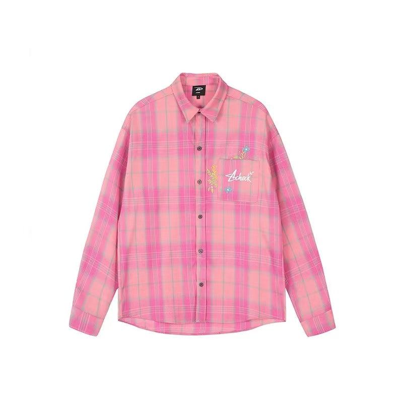 ACHOCK Vintage Floral Embroidered Plaid Long-sleeve Shirt