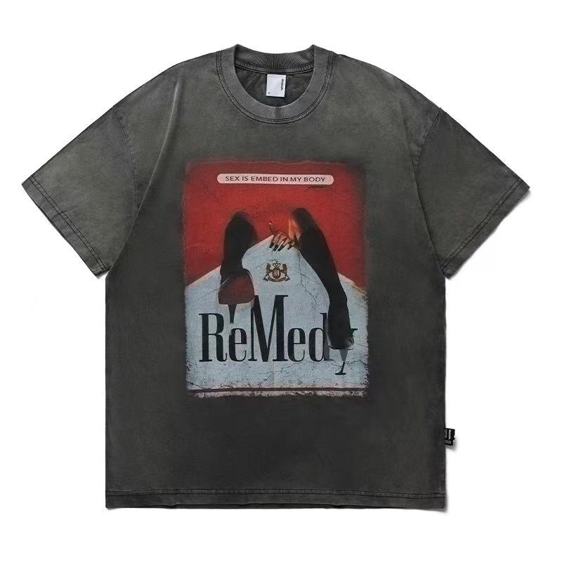 REMEDY Distressed Marlboro Design Short-sleeve T-Shirt