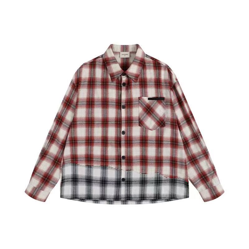 ATRY Plaid Paneled Raw Edge Long-sleeved Shirt
