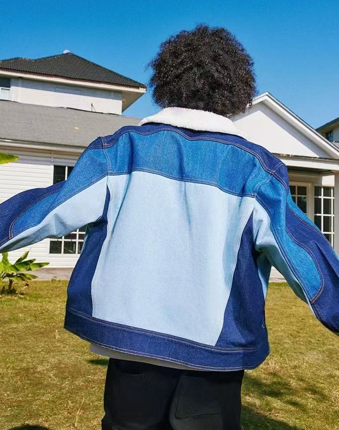 AFGK Spliced Fur Collar Denim Letter Embroidery Jacket