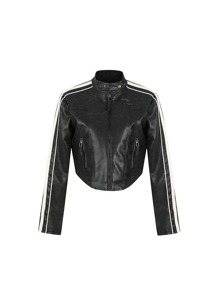 ACHOCK Leather Striped Motorcycle Jacket (For Women)